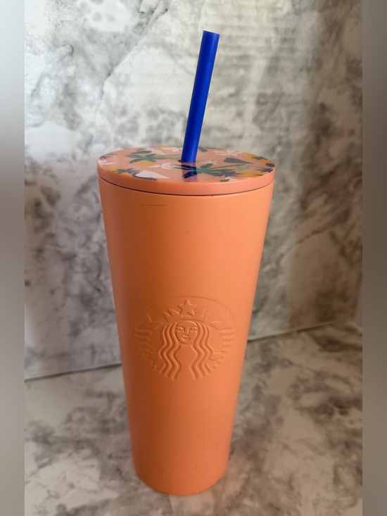 Starbucks Other - Starbucks Peach Matte Tumbler with Floral Lid and Blue Straw